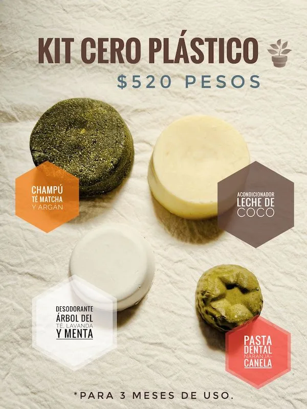 Kit Cero Plástico | Champú Té Matcha | Acondicionador Leche de Coco | Desodorante Árbol del Té, Lavanda y Menta | Pasta Dental Naranja Canela